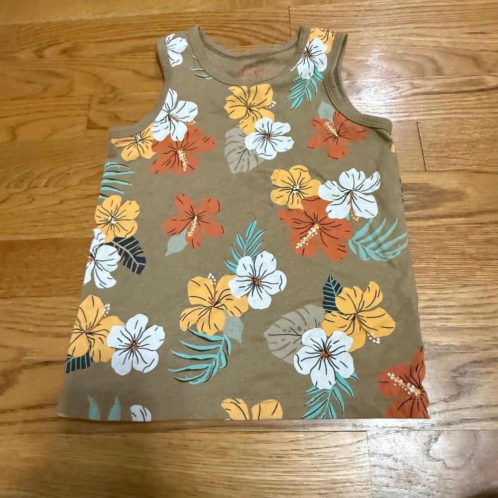 Cat & Jack Toddler 3T Tank Top Olive Green Tropical Hibiscus Floral Summer Shirt
